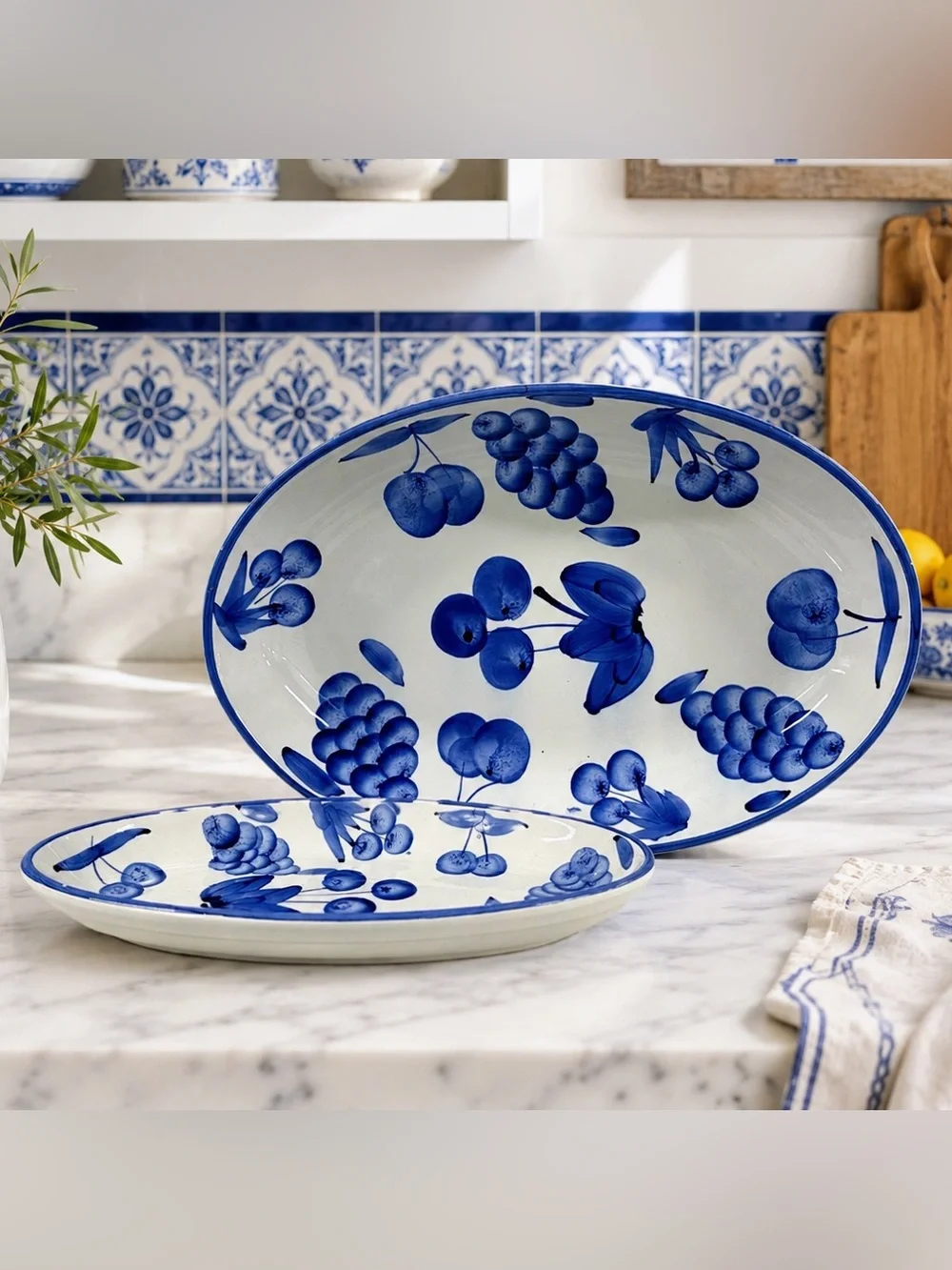 Stoviglieria Italy Blue Fruit Hand Painted Oval Serving Platters Set Of 2 Vtg